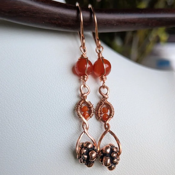 Copper Dangle Earrings Orange-Red Carnelian Agate Artisan Crafted - Picture 14 of 16